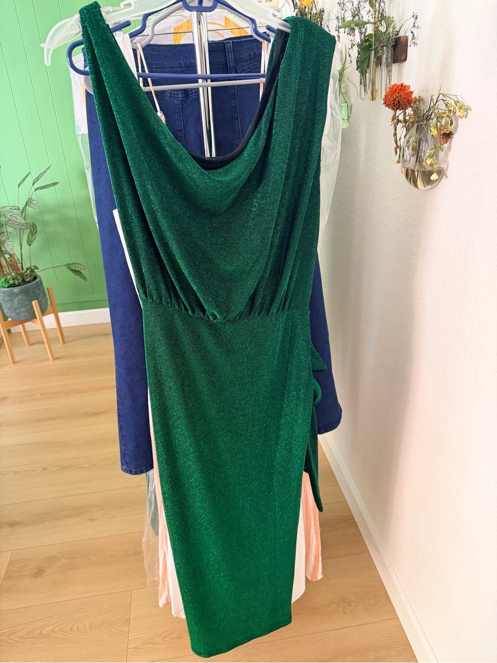 Petal & Pup Shimmery Emerald Green Draped Dress - Picture 3 of 4